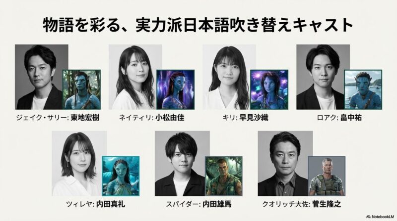 主要キャラクターのナヴィの姿と、担当する日本語吹き替え声優（東地宏樹、小松由佳、早見沙織ら）の顔写真を並べたキャスト紹介スライド。