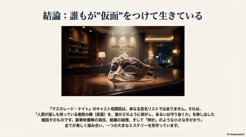 カウンターに置かれた仮面とホテル・コルテシアのロゴ。人間が持つ複数の顔を誰が剥がし、守り抜くかを映し出した物語の総括。