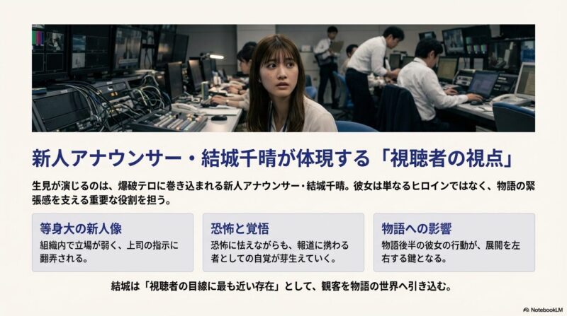 報道フロアで不安げな表情を見せる結城千晴。組織に翻弄される等身大の新人像や、物語の鍵を握る役割について説明している 。