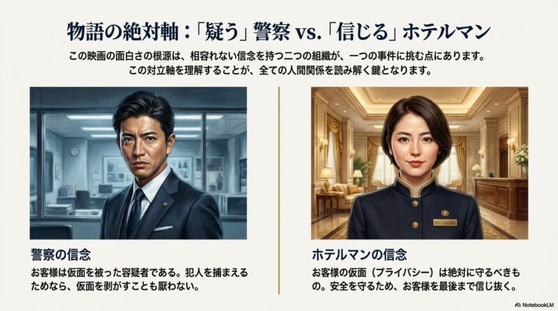 刑事（新田）とホテルマン（山岸）の顔写真。「疑う」警察（お客様は容疑者）と「信じる」ホテルマン（お客様の仮面を守る）の対立軸を解説。