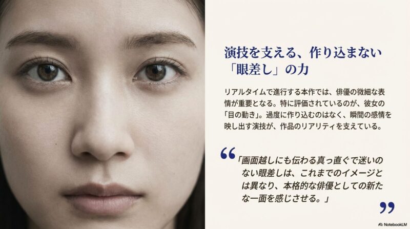 生見愛瑠の目の表情にフォーカスしたスライド。作り込まない瞬間の感情がリアリティを生んでいると評価されている 。