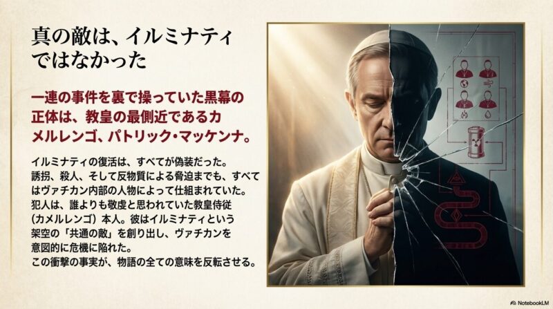 カメルレンゴの顔が中央で割れ、背後に誘拐された枢機卿や反物質の計画図が描かれたイラスト。黒幕の正体を明かすスライド。