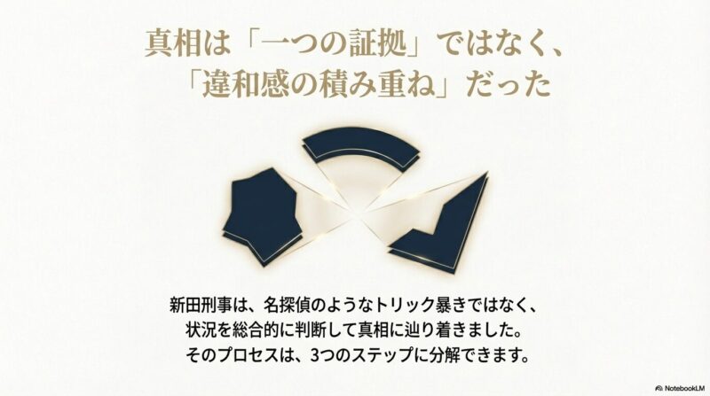 1つの証拠ではなく、状況を総合的に判断した3つのステップで真相に辿り着いたプロセスを示す概念図 。