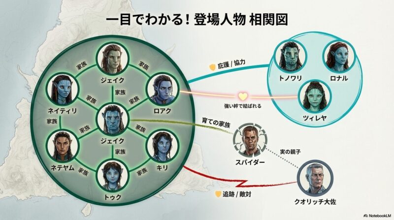 ジェイク、ネイティリを中心に、子供たちやメトカイナ族、宿敵クオリッチ、スパイダーとの関係を線で結んだキャラクター相関図。