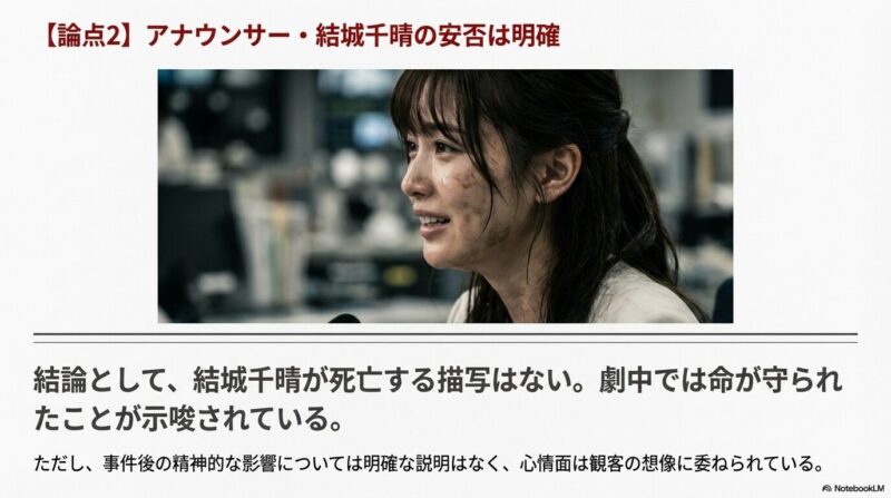 煤をかぶった結城千晴（生見愛瑠）の表情とともに、彼女の命が守られたことが示唆されている事実を伝えるスライド 。