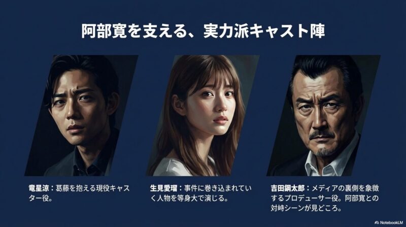 主演の阿部寛に加え、竜星涼、生見愛瑠、吉田鋼太郎の役どころを紹介するスライド