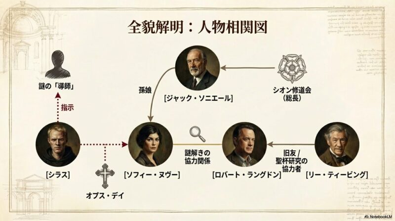 主要キャラクター同士の「孫娘」「協力関係」「指示」などのつながり、および「シオン修道会」や「オプス・デイ」との関係を示した相関図スライド。