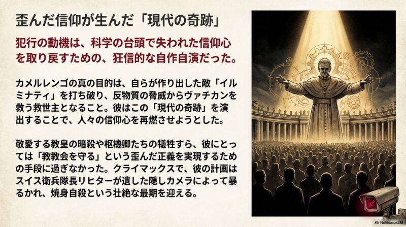大衆の前で両手を広げる巨大な教皇の影と、それを監視する隠しカメラのイラスト。カメルレンゴの狂信的な動機と最期を解説。