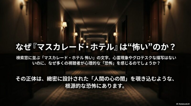 「なぜ『マスカレード・ホテル』は“怖い”のか？」という大きな文字とともに、人間の心の闇に触れる内容を示唆するスライド。