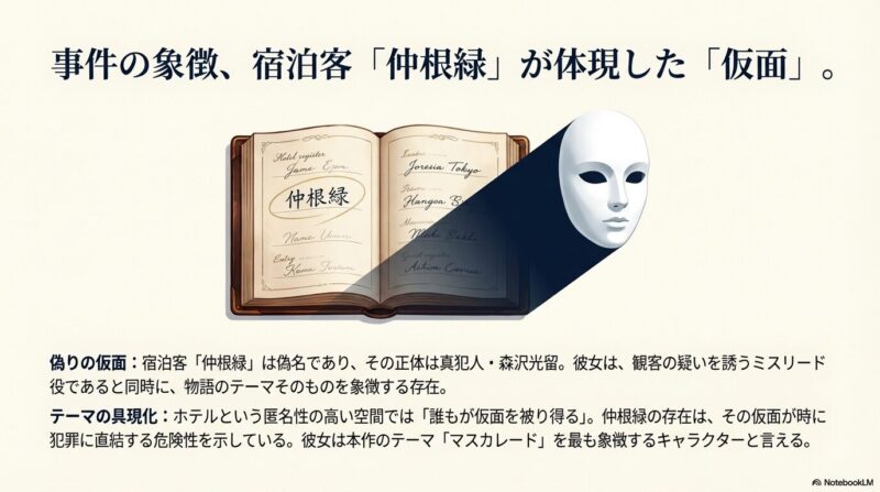 宿泊名簿に書かれた「仲根緑」という偽名。ホテルという匿名空間で「誰もが仮面を被り得る」という本作のテーマを象徴する存在であることを示すスライド 。