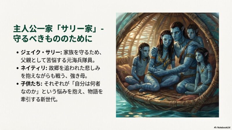 ジェイクとネイティリ、そして子供たちが寄り添う家族写真のようなイラストに、それぞれのキャラクター性を説明したスライド。