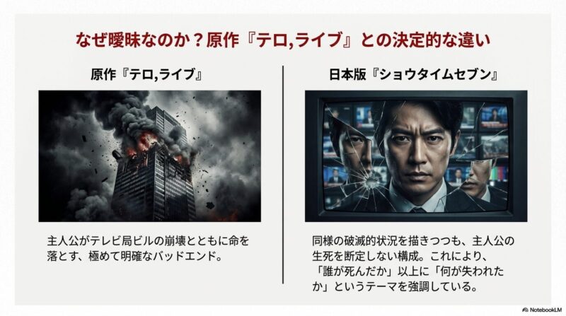 爆発するビルの画像と、明確なバッドエンドの原作に対し、日本版は生死を断定せず「何が失われたか」を強調している違いを示すスライド 。