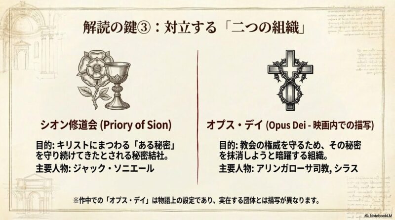 シオン修道会（秘密を守る組織）とオプス・デイ（秘密を抹消しようとする組織）の目的と象徴的なアイコンを比較したスライド。