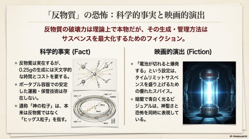 中央で激しく光る反物質の粒子と、青白く光るポータブル容器のイラスト。反物質に関する科学的知見と映画の設定を比較した図。