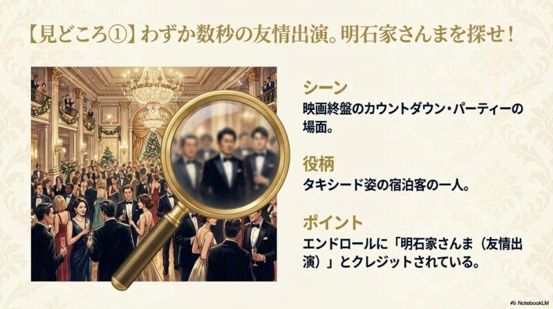 パーティー会場を虫眼鏡で覗き、タキシード姿の明石家さんまさんをクローズアップした図。