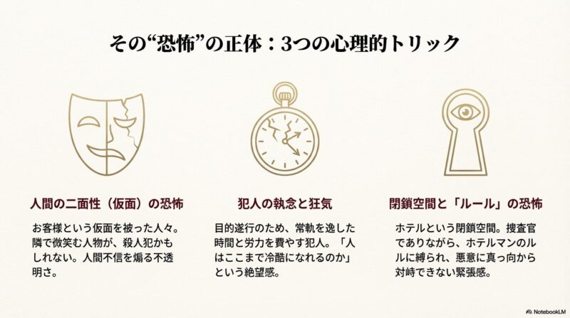 割れた仮面、壊れた時計、鍵穴から覗く目のイラスト。「人間の二面性」「犯人の狂気」「閉鎖空間のルール」という3つの恐怖の正体を解説するスライド。