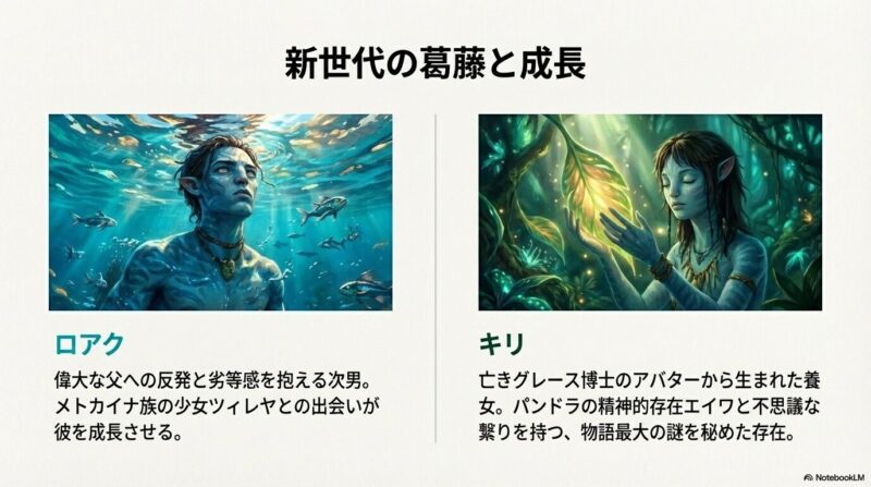 海の中に潜るロアクと、光る葉に触れるキリの姿に、それぞれの葛藤と個性を記した解説スライド。
