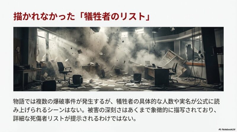 爆破され煙が立ち込めるスタジオの画像とともに、犠牲者の具体的なリストは提示されず、被害は象徴的に描かれていることを説明するスライド 。