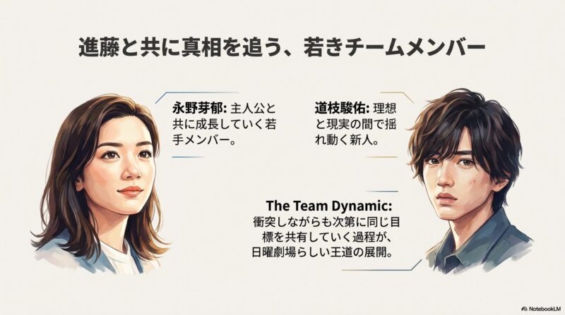 永野芽郁、道枝駿佑の役どころと、日曜劇場らしい熱いチームのダイナミズムを紹介するスライド