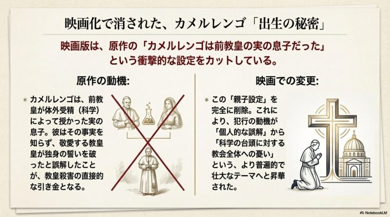 前教皇と女性、その間に生まれたカメルレンゴの家系図に大きな×印がついたイラスト。原作と映画の動機の違いを説明。