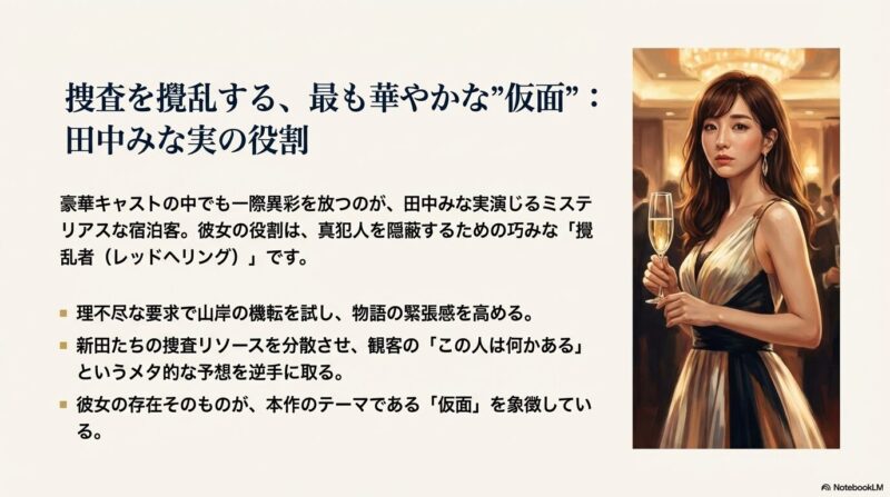 カクテルグラスを持つ華やかなドレス姿の女性。真犯人を隠蔽するための攪乱者（レッドヘリング）としての役割を解説。
