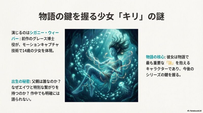 海中でクラゲのような発光生物に囲まれて眠るキリの幻想的な姿と、彼女の出生の謎、演じるシガニー・ウィーバーについての解説スライド。