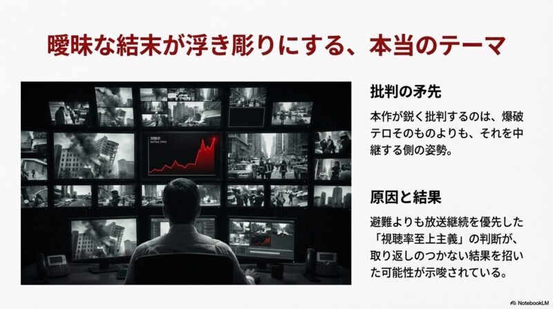 多数のモニターが並ぶ調整室で座る人物の背中越しに、視聴率至上主義が招いた悲劇というテーマを解説するスライド 。