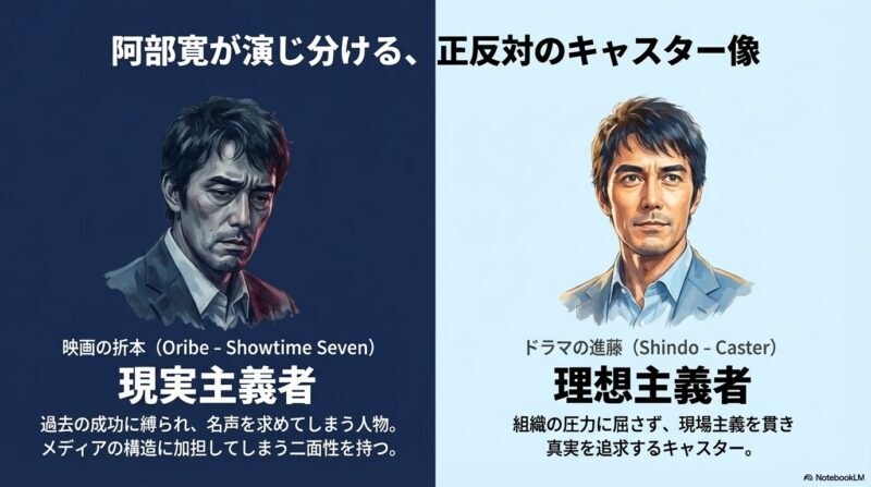 映画の折本（現実主義者）とドラマの進藤（理想主義者）という、正反対のキャラクター造形を比較したスライド