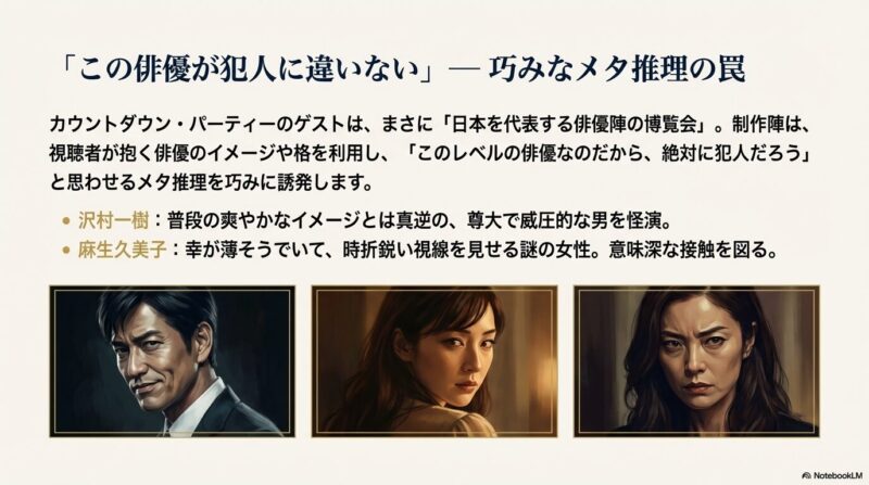 沢村一樹、麻生久美子の顔写真。視聴者が抱く俳優のイメージを利用して犯人を予想させる制作陣の巧みな演出を解説。