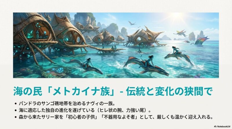 海の上に建てられたメトカイナ族の集落と、海洋生物に乗って移動するナヴィたちの風景が描かれたスライド。