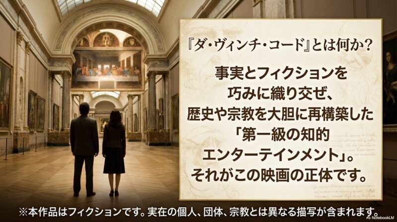 事実とフィクションを織り交ぜた「第一級の知的エンターテインメント」としての魅力をまとめたスライド。