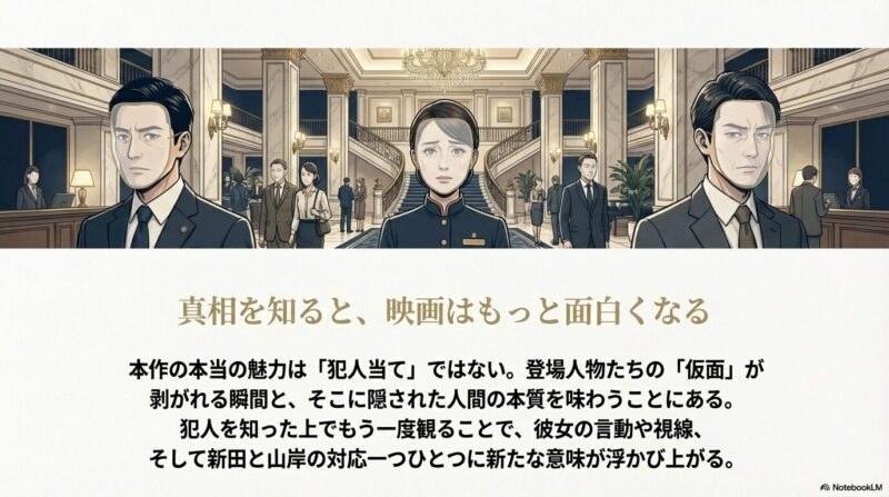 ホテルのロビーに並ぶ、仮面を被ったスタッフたちのイラスト 。犯人を知った上で観ることで、新たな発見があるというメッセージ。