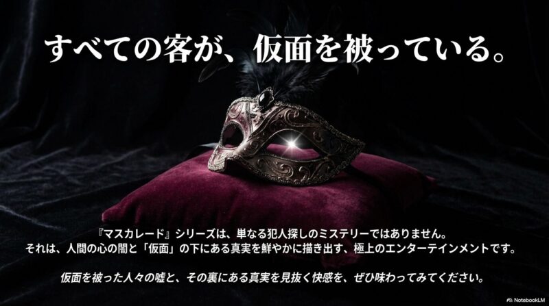 すべての客が、仮面を被っている。」という印象的なキャッチコピーとともに、人間の心の闇と真実を描くエンターテインメントであることを伝えるスライド。
