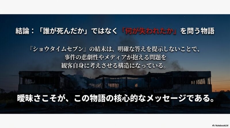 「誰が死んだか」ではなく「何が失われたか」を問い、観客自身に考えさせる構造が物語の核心であることを伝えるスライド 。