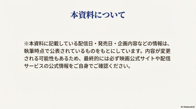 配信日や発売日などの情報は執筆時点のものであり、最終的には公式サイトを確認するよう促す注意書き 。