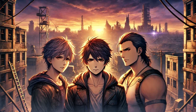 砂嵐が吹き荒れる過酷な砂漠を進むサバイバーの一団。リーダー格の女性と熟練の男性が先頭に立ち、極限の環境下で生き抜く決意を示すアニメ調の場面。