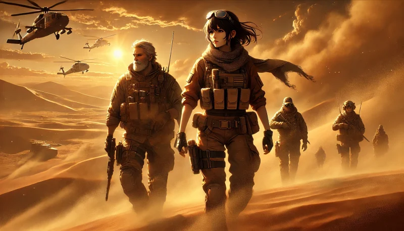 砂嵐が吹き荒れる過酷な砂漠を進むサバイバーの一団。リーダー格の女性と熟練の男性が先頭に立ち、極限の環境下で生き抜く決意を示すアニメ調の場面。