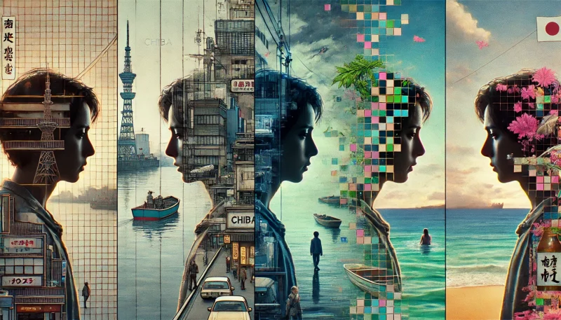 千葉の港、東京の街、沖縄の海辺という3つの場所にそれぞれ佇む人物たちを同一画面に重ねた構成。物語の分断と不信を象徴するビジュアル。