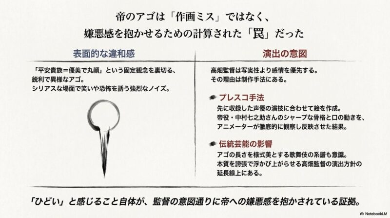 帝のアゴは嫌悪感を抱かせるための計算された罠であり、プレスコ手法や伝統芸能の影響によるものであることを説明する比較表のスライド画像 。
