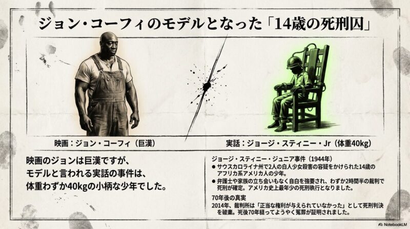 1944年に14歳で死刑執行されたジョージ・スティニー・ジュニアの解説。体重40kgの小柄な少年であり、死後70年を経て冤罪が証明された事実を記載。