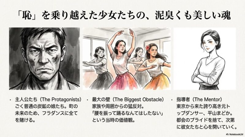 厳しい表情の男性、一生懸命に練習する娘たち、そして凛とした表情の女性指導者・平山まどかの3つのカットが並んだスライド。