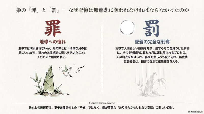 姫の罪（地球への憧れ）と罰（愛着の完全な剥奪）を解説し、捨丸とのシーンが「あり得たかもしれない幸福」の幻影であることを示すスライド画像 。