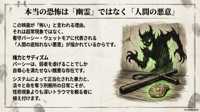 看守パーシー・ウェットモアが象徴する「人間の悪意」と「権力によるサディズム」の解説。怪奇現象よりも怖い、システムに正当化された暴力について。