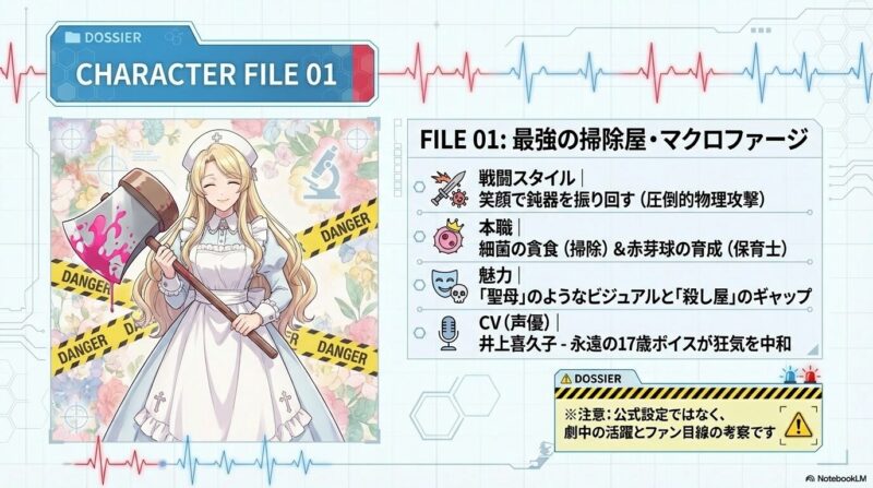 血のついた鈍器（鉈）を笑顔で持つマクロファージのイラスト。戦闘スタイル「圧倒的物理攻撃」やCV井上喜久子などの情報が記載されたキャラクターファイル。