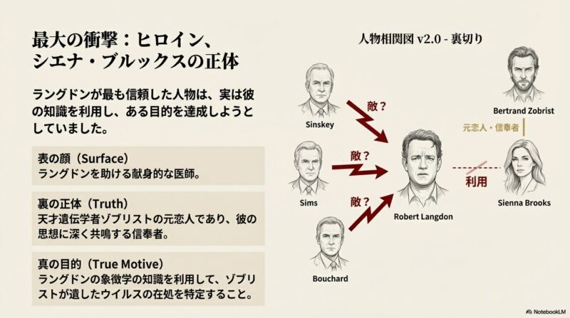 シエナ・ブルックスがゾブリストの信奉者であることを明かし、ラングドンを「利用」している関係性を示した第2段階の相関図 。