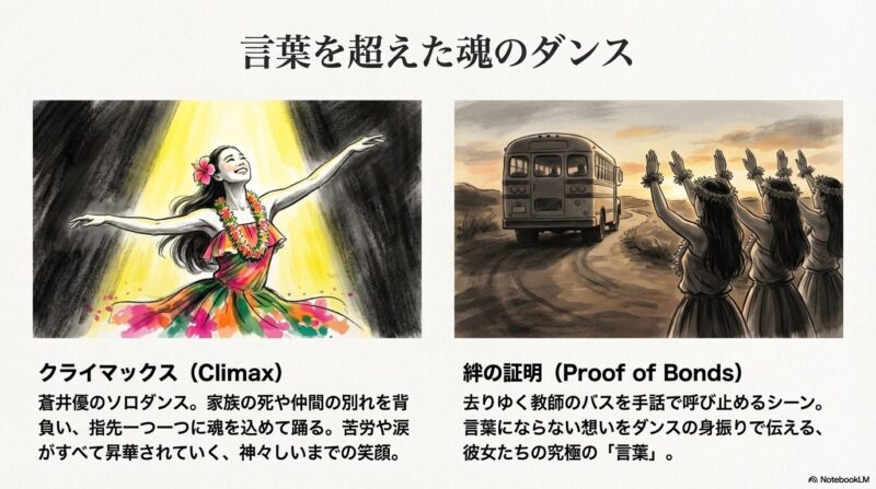 スポットライトを浴びて満面の笑みで踊る蒼井優のソロシーンと、走り去るバスに向かって手話で想いを伝える娘たちの後ろ姿。