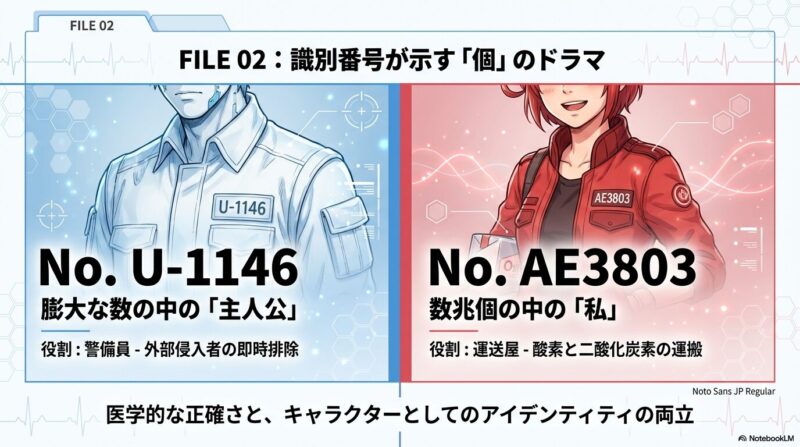 白血球（U-1146）と赤血球（AE3803）の役割を解説し、数兆個の中の「主人公」としてのアイデンティティに触れたスライド資料。