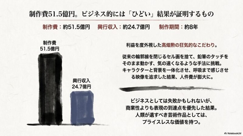 51.5億円の制作費と24.7億円の興行収入を比較し、鉛筆のタッチを活かす手法など、商業性より芸術性を優先した結果を説明するスライド画像 。