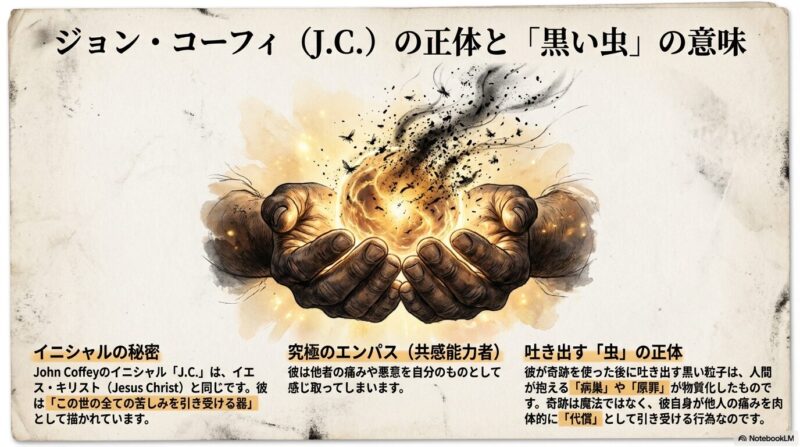 ジョン・コーフィのイニシャルがイエス・キリスト（J.C.）と同じであること、彼が吐き出す「黒い虫」は人間の病巣や原罪を物質化したものであるという考察。