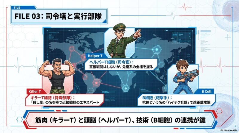 ヘルパーT細胞、キラーT細胞、B細胞の役割を、筋肉・頭脳・技術の連携として図解したスライド。